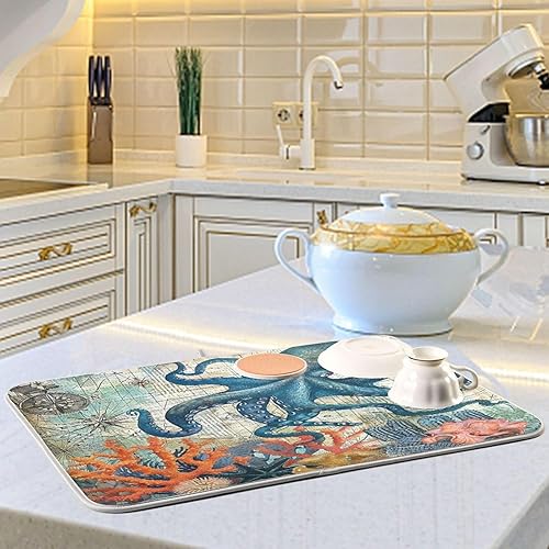Vista 160 de Nautical Ocean Sea Turtle Dish Drying Mat for Kitchen Counter 18x24 in Starfish Retro Map Microfiber Drying Mats Absorbent Reversible Dish Pad Large