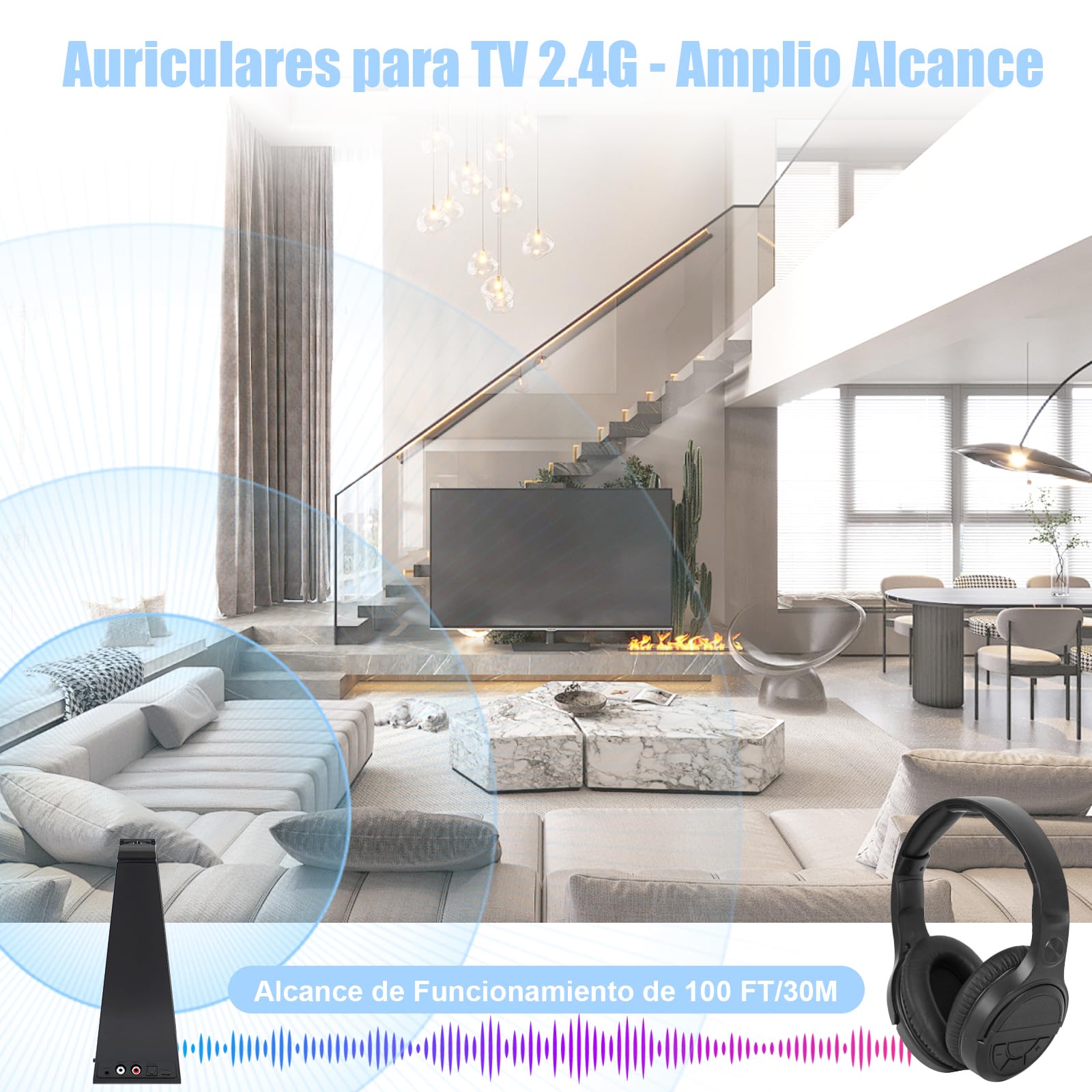 Auriculares Inalambricos para TV, Auriculares Diadema Bluetooth 5.3 y 2.4G Doble Modo, Base Emisora Recargable, Compatible con Interfaces de Fibra Optica/RCA/AUX, Personas Mayores con Botones Grandes