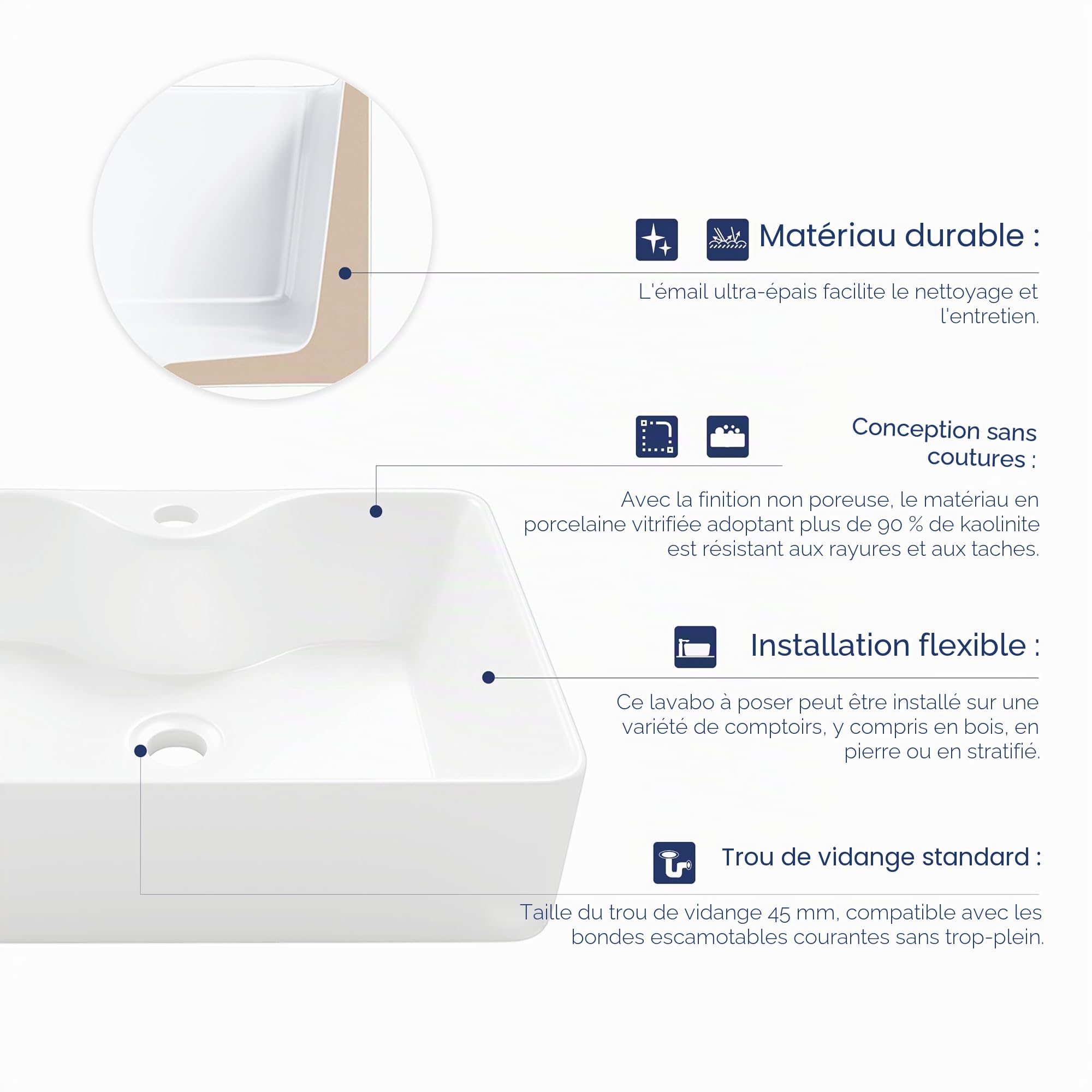 Eridanus Lavabo rectangulaire en céramique avec trou pour robinet, lavabo en céramique de qualité supérieure, lavabo en porcelaine vitreuse pour salle de bain, vasque, brillant blanc - 490 x 370 x 140