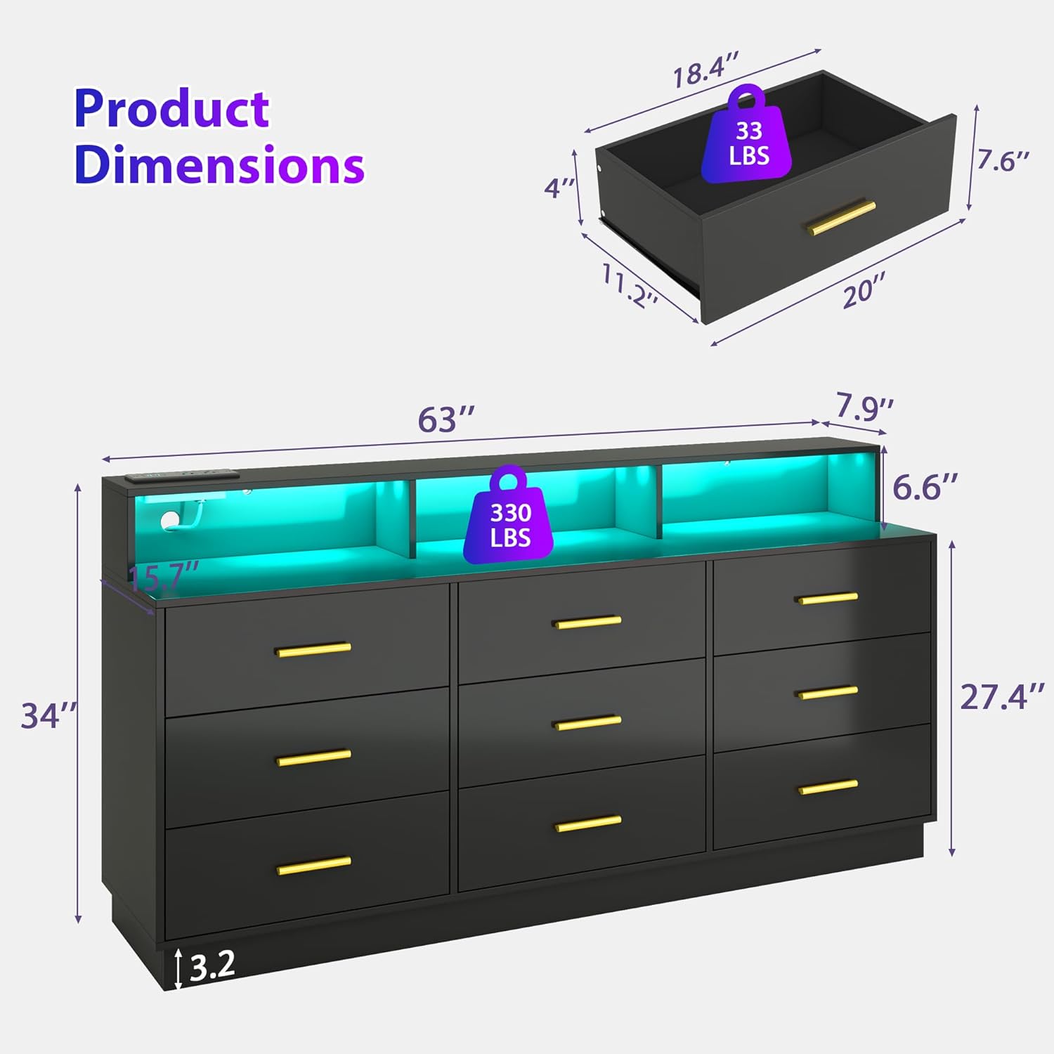 UNIQUITE Black 9 Drawer Dressers for Bedroom, Modern Large Dresser with LED Light and Power Outlet, Wooden Long Dresser for Bedroom, Entryway, Hallway
