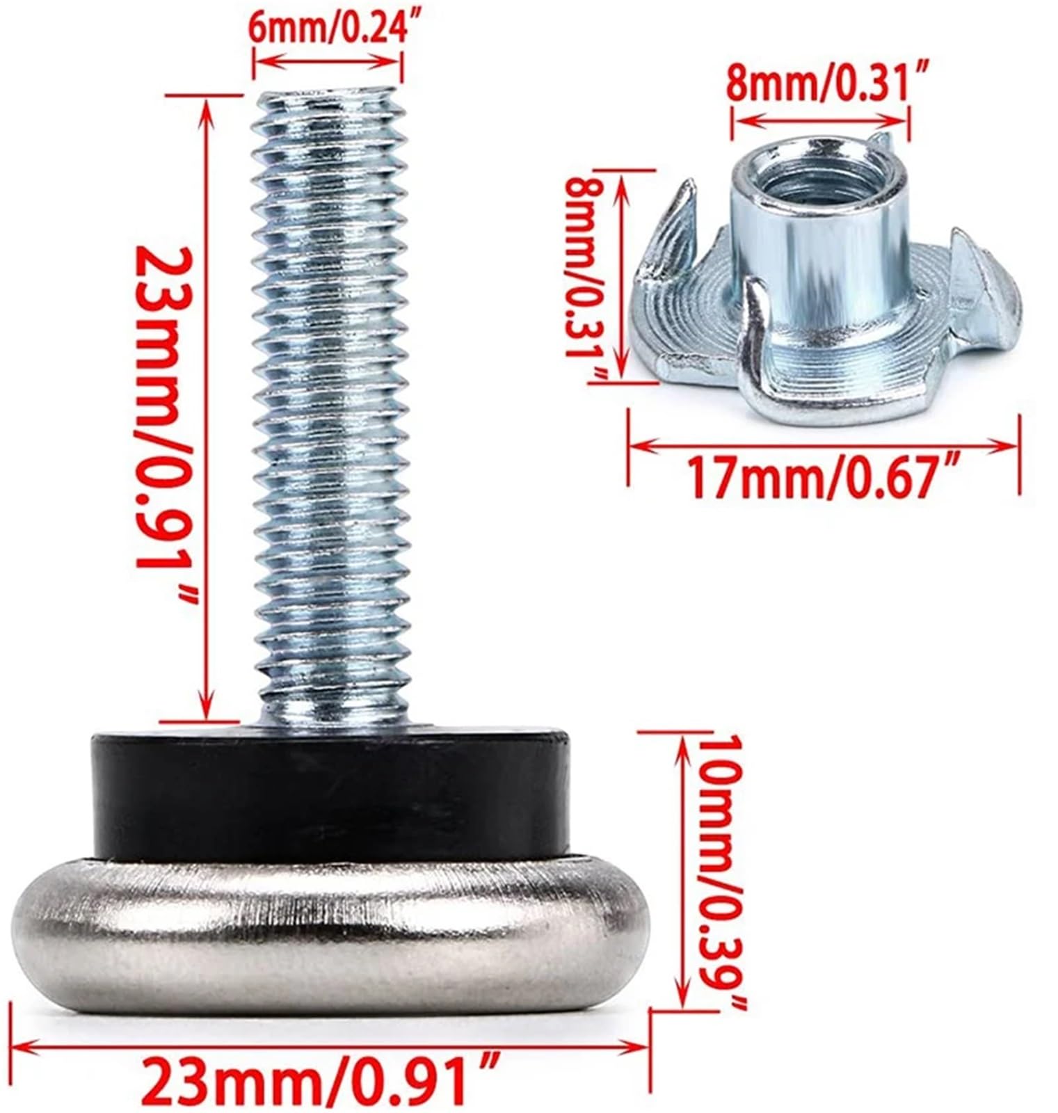 24 patas de mesa para muebles, almohadillas de fieltro M6 ajustables con nivelador de tuerca en T, protectores deslizantes para suelos de madera dura