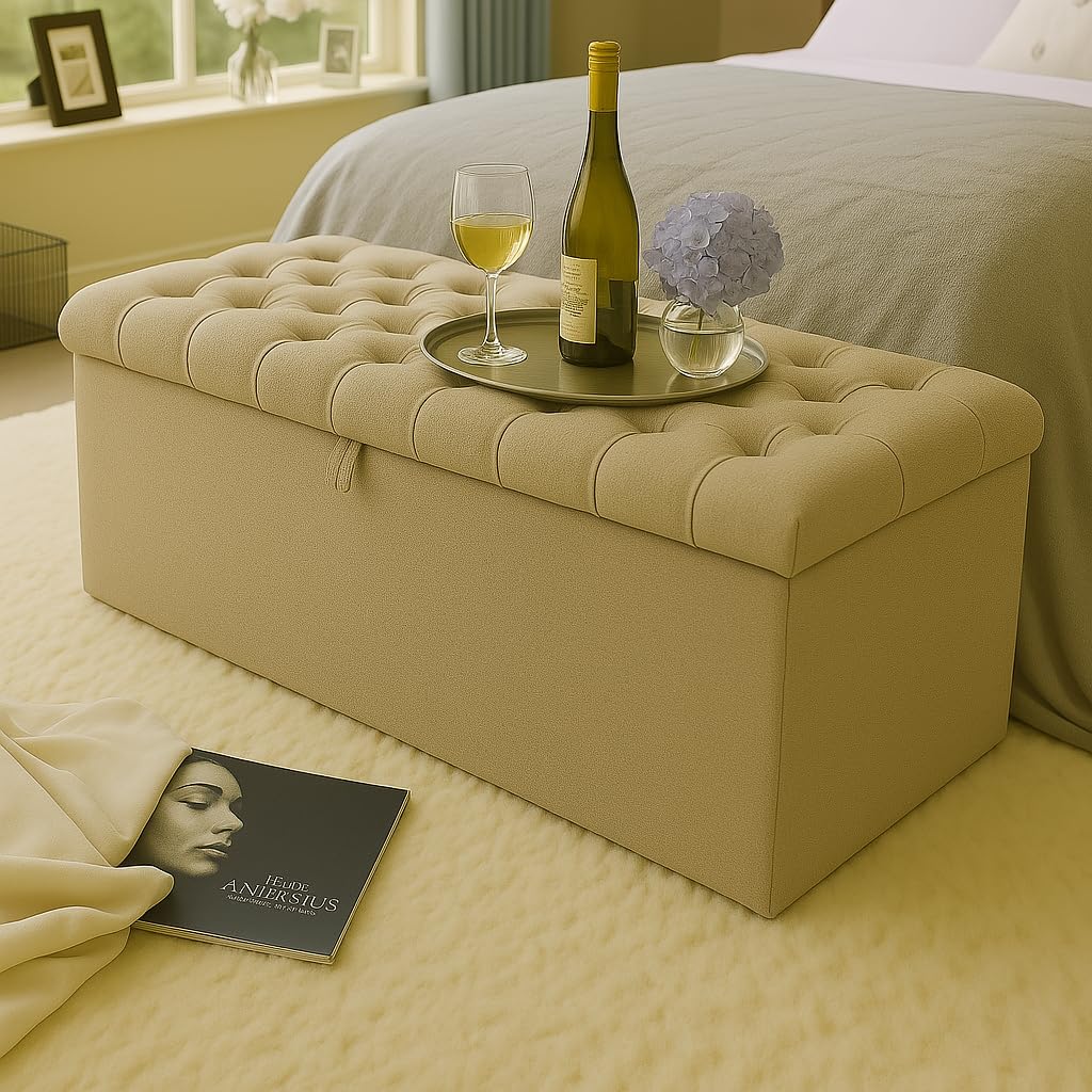 Chesterfield Ottoman Storage Bench - Pouffe Stool Footstool Ottoman Storage Box in 3ft 4ft 4ft6 5ft 6ft Sizes - In Chenille Fabric with Matching Buttons (Cream Chenille, 3ft Single Size) — image 1