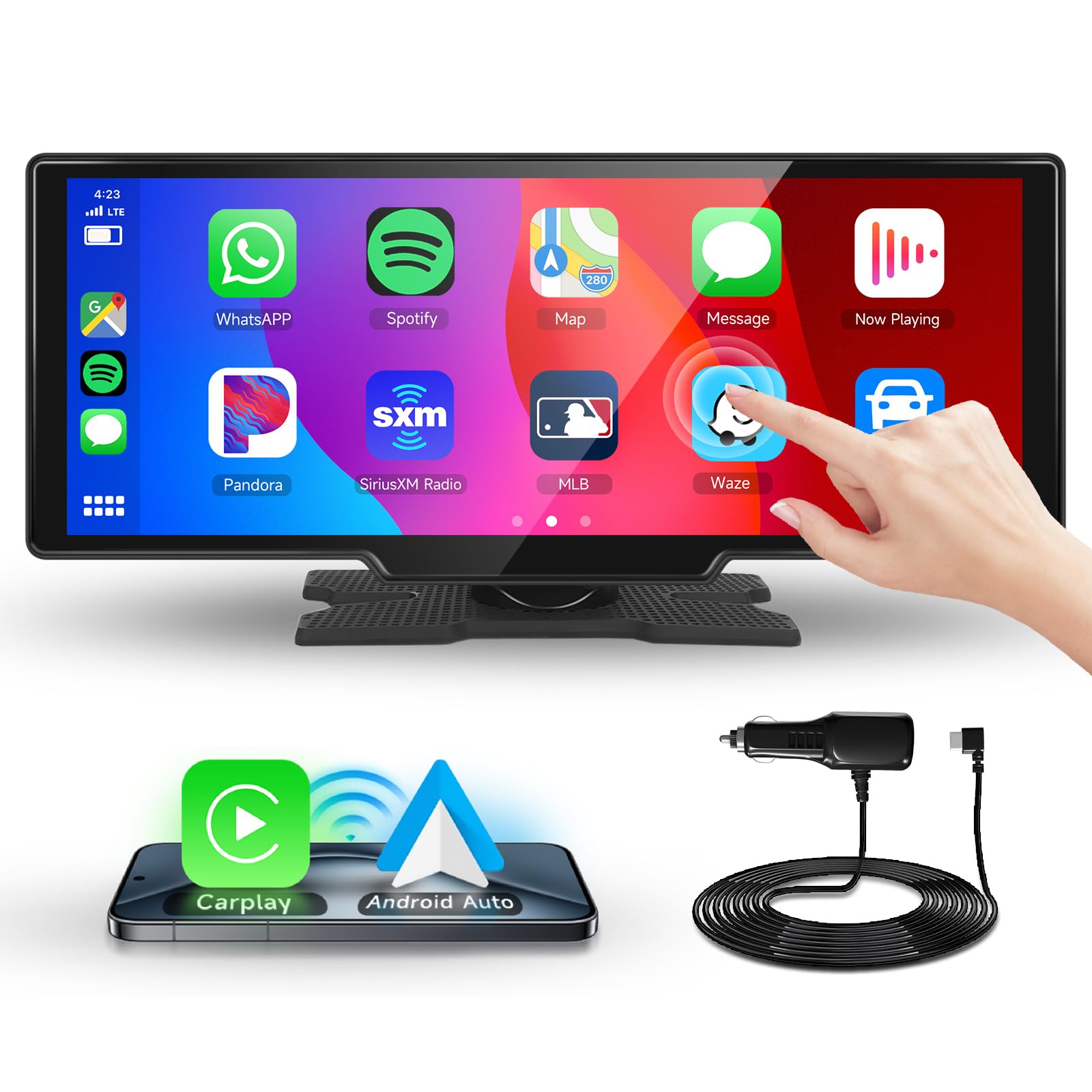 Podofo Radio de Coche portátil inalámbrica A-pple Carplay&Android Auto, Radio Bluetooth con Pantalla CarPlay de 10,26" con Enlace a Espejo/Control de Voz/Mapas GPS/TF/Entrada AUX para Coche camión