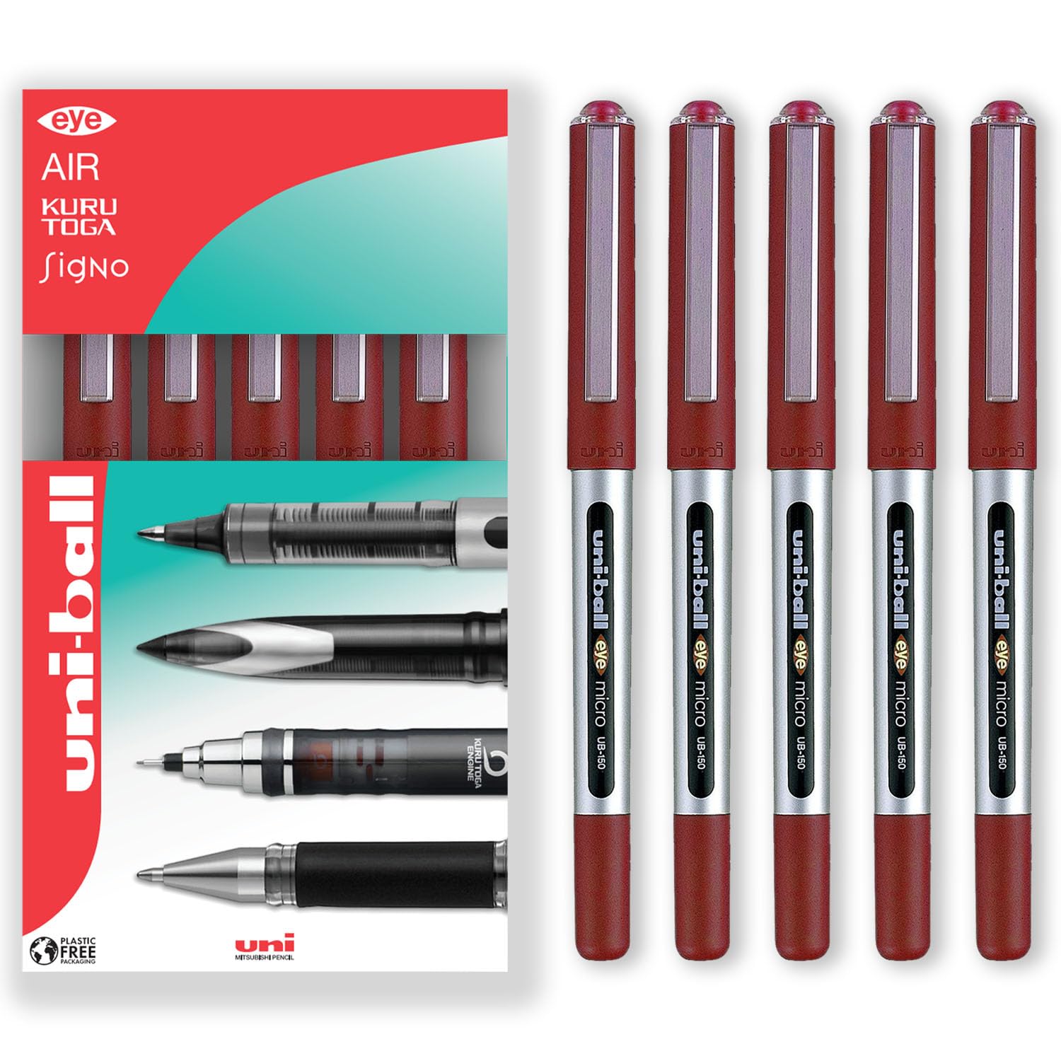 uni-ball Eye Micro UB-150E Gel Ink Pen - 0.5 mm - In Envelope Gift Packaging (Pack of 5, Red)