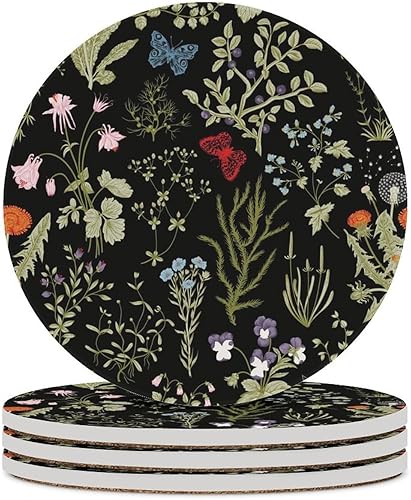 Miniatura 50 de Posavasos botánicos, posavasos redondos de cerámica redondos, 4 unidades, diseño de plantas vintage, diseño botánico de dibujos animados, hongos