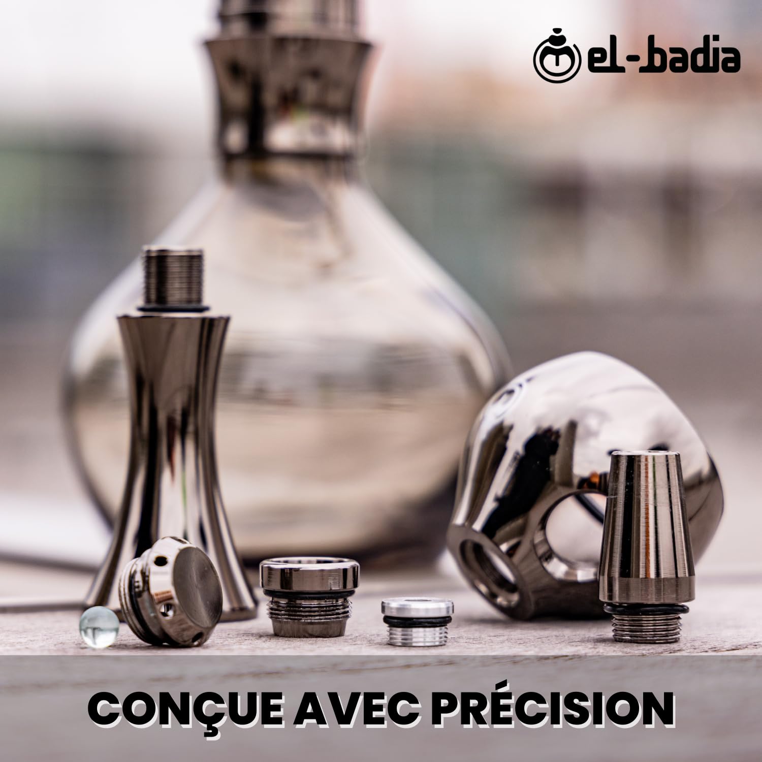 EL-BADIA C1 V2 Cachimba 31cm – Shisha Compacta y Moderna con Columna de Aluminio, Base de Vidrio Click, Cazoleta Phunnel, Manguera Lavable & Boquilla – Narguile Ultra Moderno (Snow White)