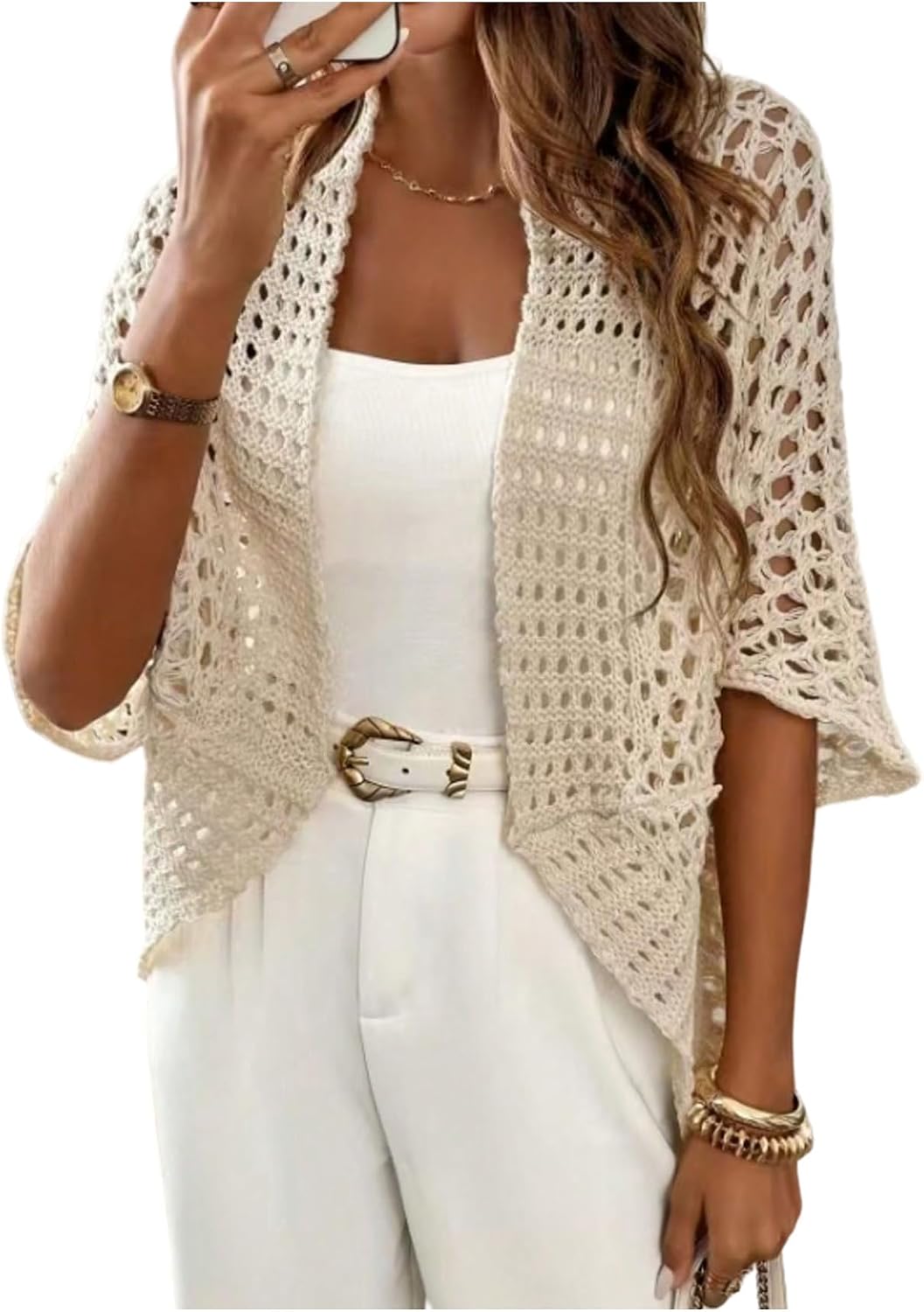 SHENHE Women's Open Front Crochet Cardigan Hollow Out Lightweight Loose Knit Bat Wing Cardigan