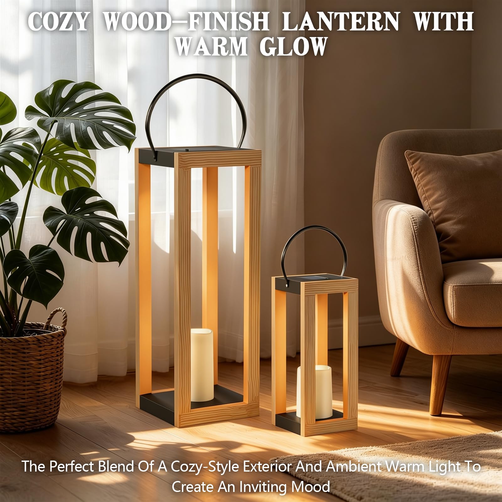 Grandi lanterne solari da esterno, impermeabili, alte lanterne decorative, luci solari per esterni, per veranda, patio, giardino, balcone, veranda, Natale, 76,2 cm, 43,2 cm, set di 2 colori legno