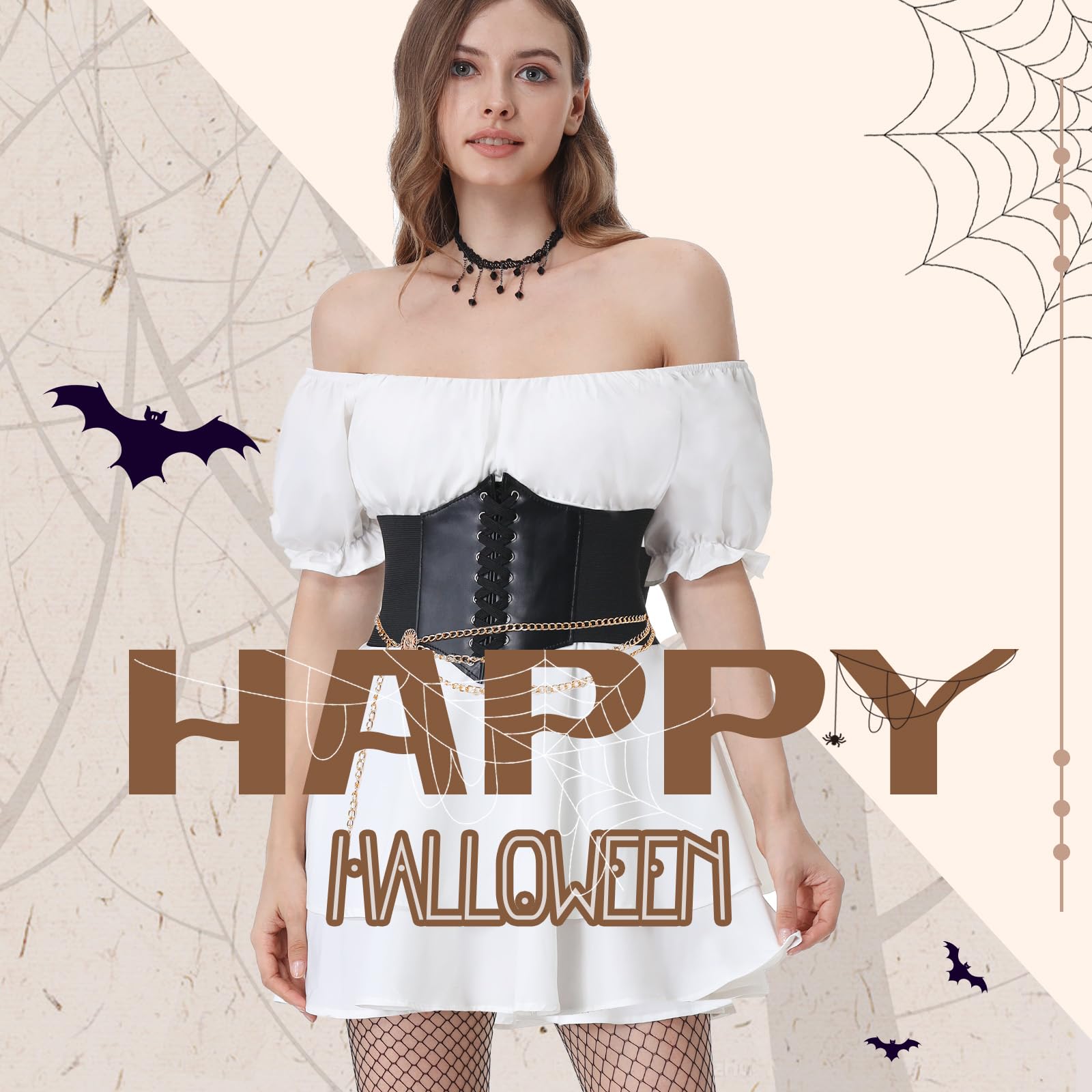 Joellfuner Vestido de Pirata, Costume Victoriano Renacentista Medievales, Disfraz Pirata Mujer con Cinturones, Cadenas de Cintura, Collares y Medias para Carnaval Halloween (Manga corta, S)