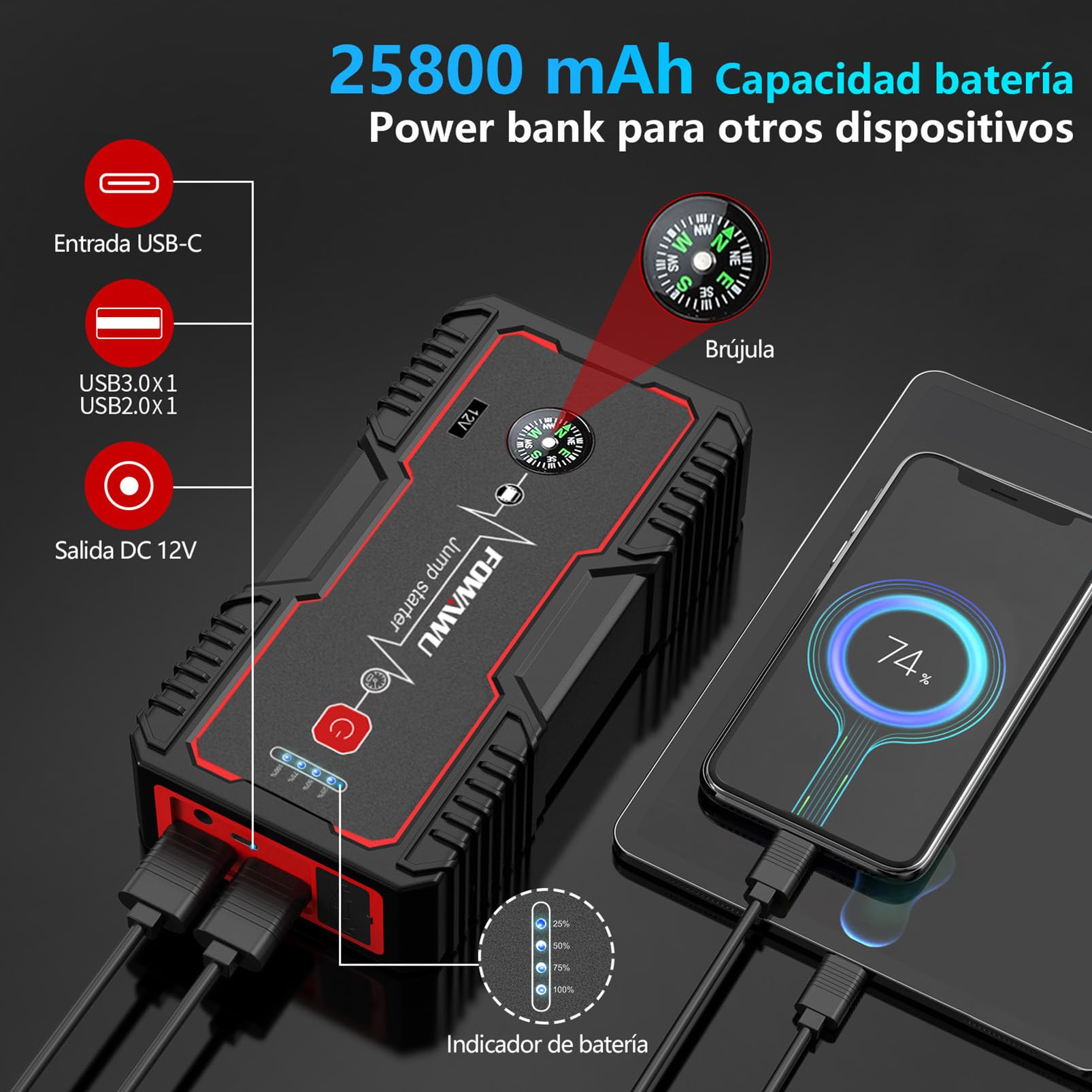FOWAWU Arrancador de Coches,25800mAh 5000A Arrancador de Baterias de Coche(para 10L de Gasolina o 8.0L de Diésel), con Carga Rápida QC3.0,Linterna LED, DC 12V,Brújula,Garantía de 2 años(Negro)