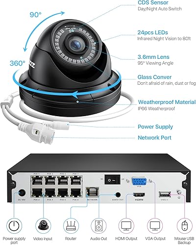 Miniatura 9 de ZOSI H.265+ 5MP 2K PoE Sistema de cámara de seguridad para interiores y exteriores, grabadora PoE NVR de 8 canales con disco duro de 2 TB para