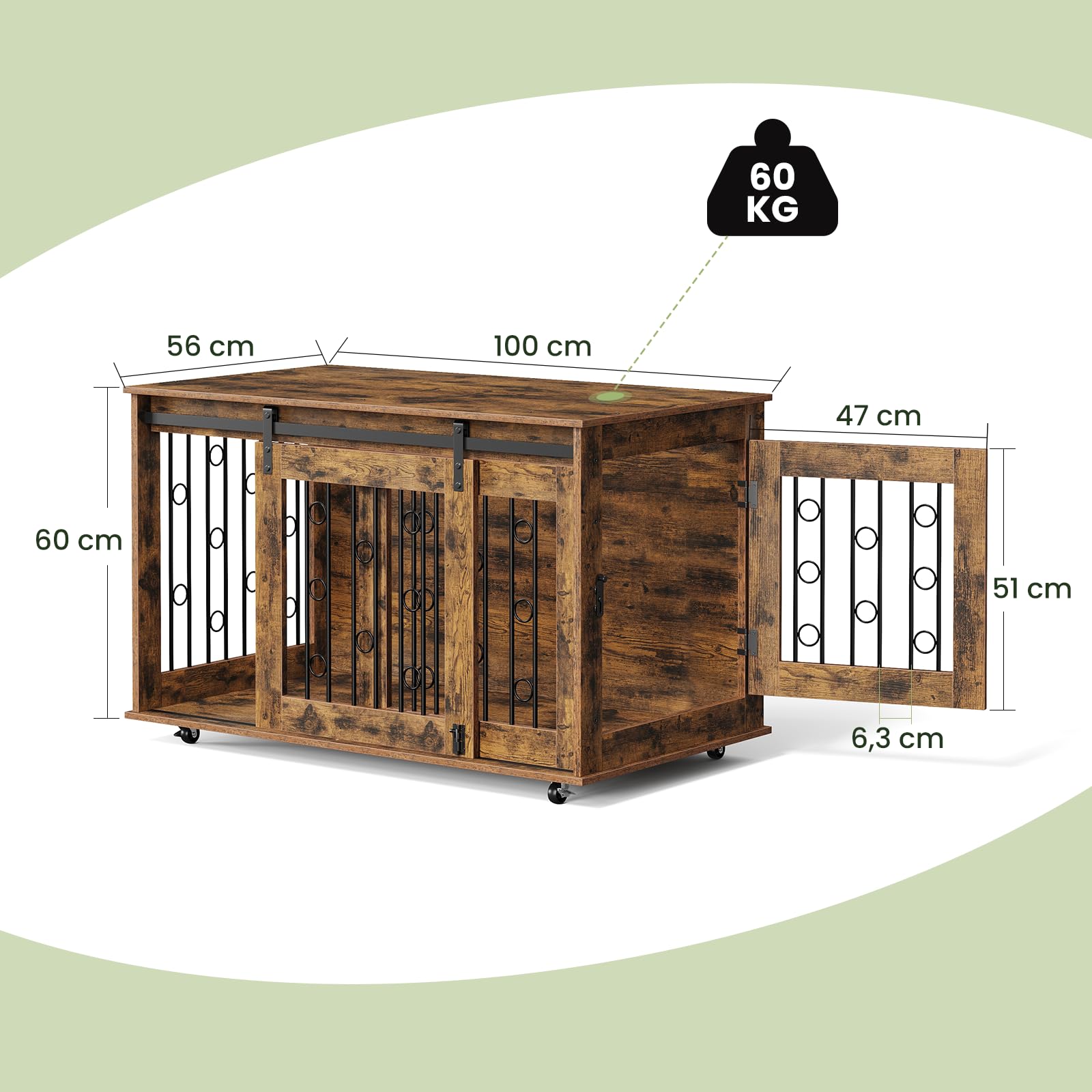 EUGAD Jaula para Perros Interior,Dog Crate para Perro de Madera | para Perros Medianos Grandes,con Ruedas y Puertas,Caseta Móvil Perros hasta 120KG,Moderna Casa Perro 100x56x58cm