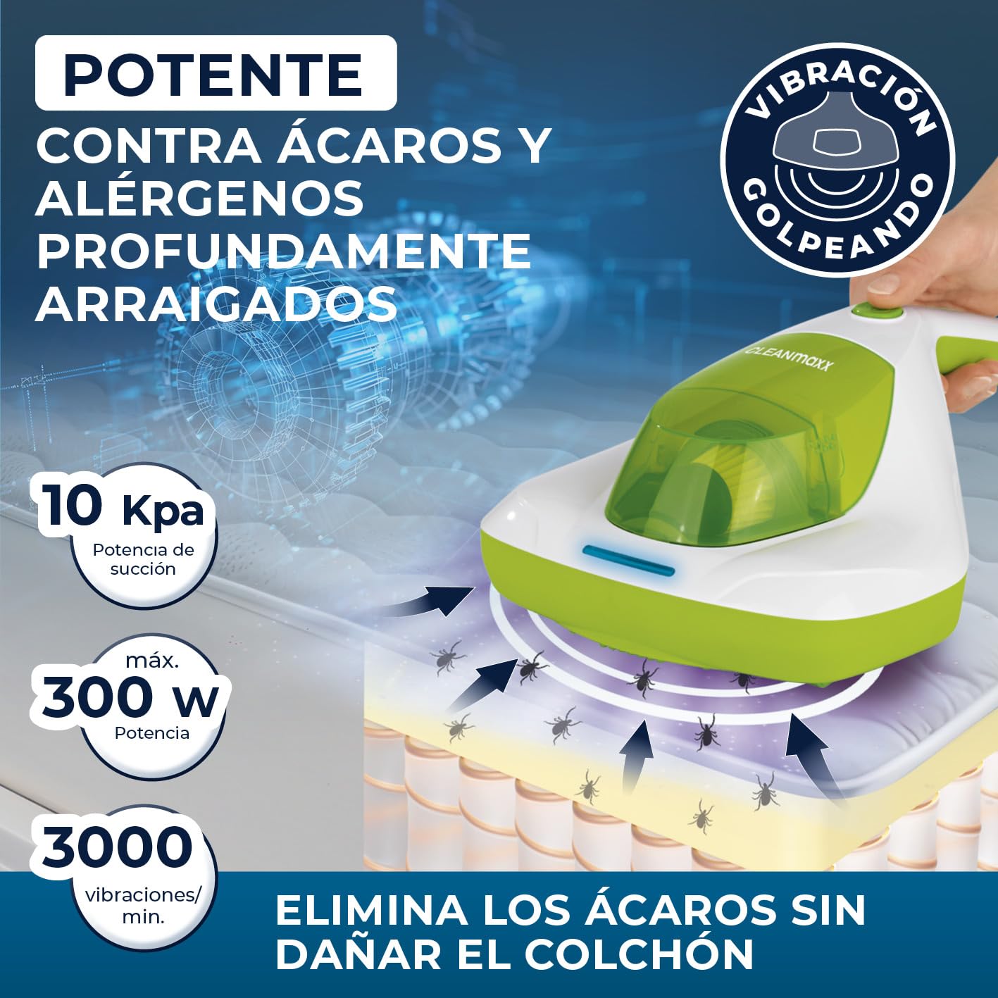 CLEANmaxx Aspirador antiácaros | Luz UV-C, Filtro EPA-11 | para alérgicos | Destruye el 99,9% de los ácaros, bacterias y chinches de la Cama