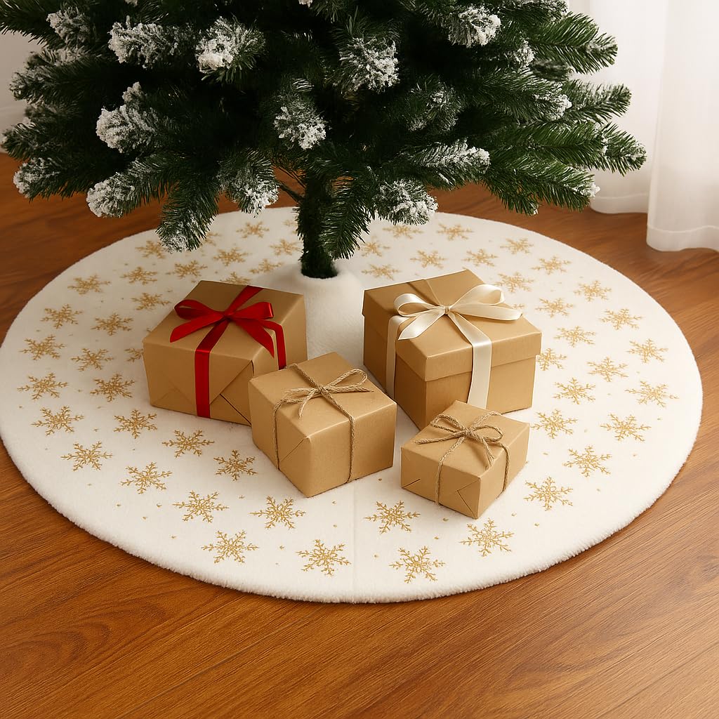 Floralcraft White Christmas Tree Skirt – 30 Inch, Faux Fur Gold Snowflake Xmas Tree Skirt for Christmas Decorations
