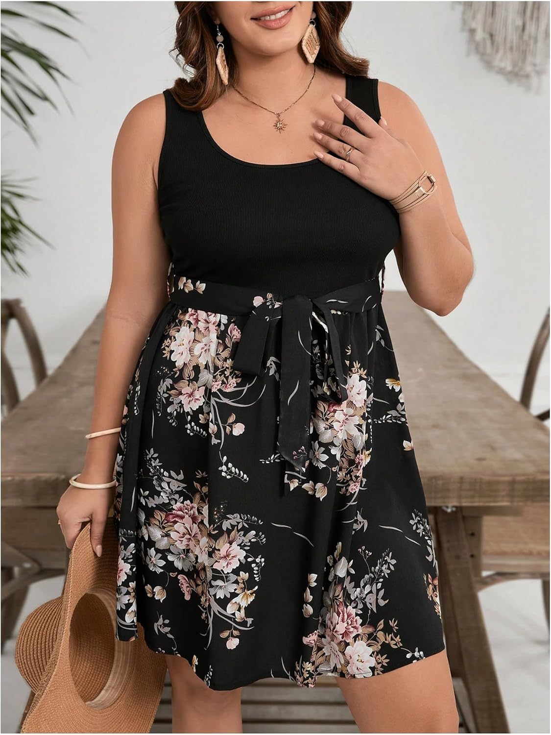 SOLY HUX Women's Plus Size Floral Tank Dress Sleeveless Square Neck A Line Flowy Belted Summer Short Dresses - Image 5
