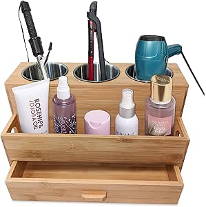 Harzen Brothers Hair Tool Organizer- Bamboo, Blow Dryer Holder, Bathroom Countertop, Vanity Caddy Storage Stand for Accessories, Makeup, Toiletries