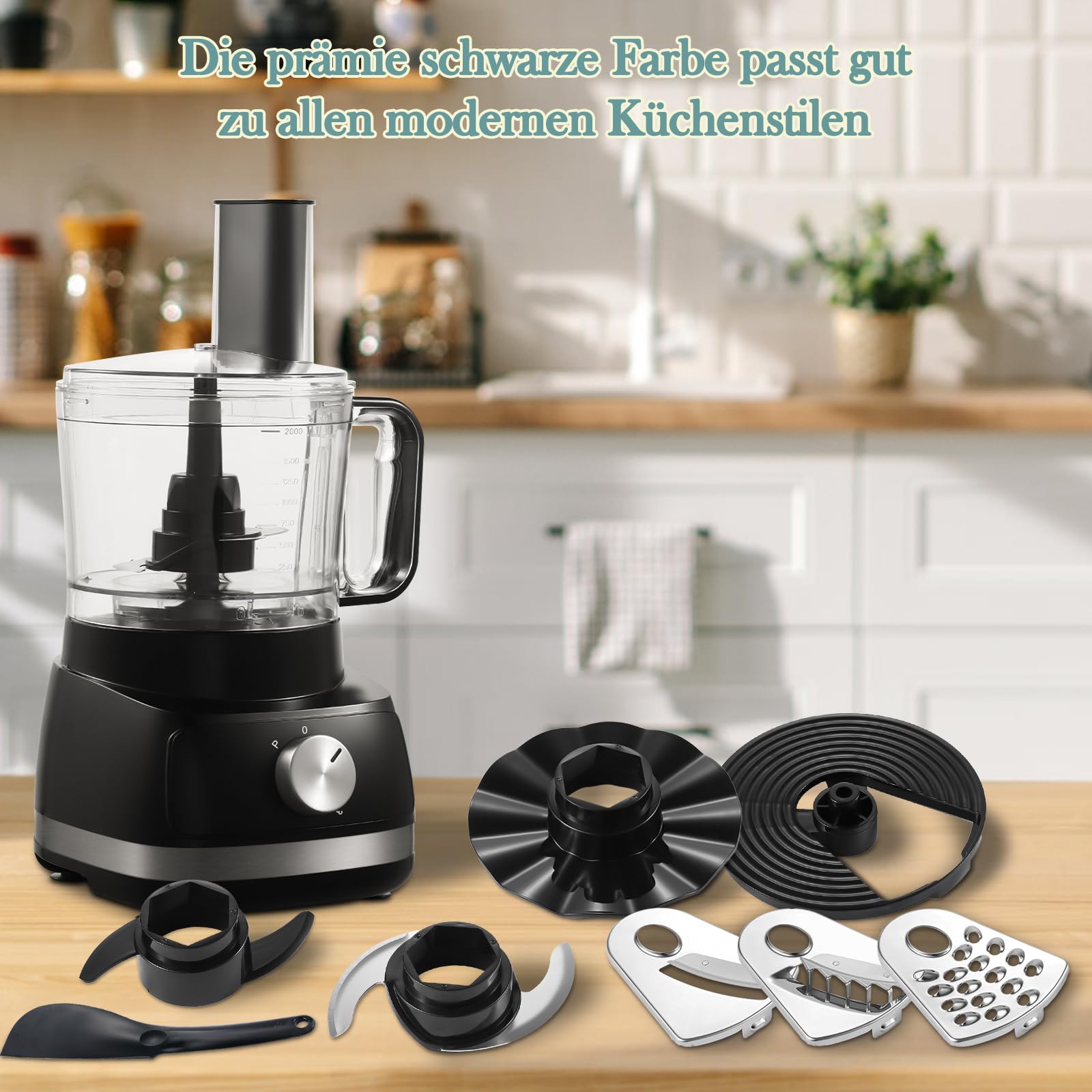 TopStrong Procesador de Alimentos, 800W Robot de Cocina, 3 Velocidades y Pulse, Recipiente de 2L, Incluye 3 Discos de Corte, Picadora, Amasadora y Batidor