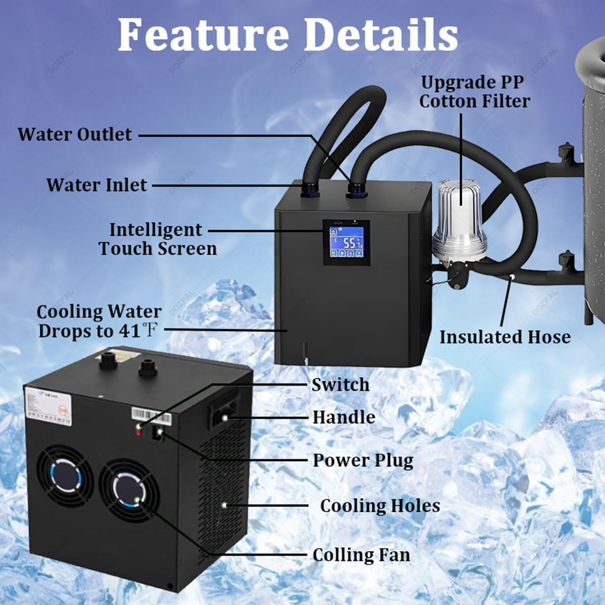 Enfriador de Agua para baño de Hielo - Enfriador de inmersión fría 0.3P con Bomba y Filtro, mangueras aisladas Que mejoran, Enfriador de Agua de recuperación para Atletas
