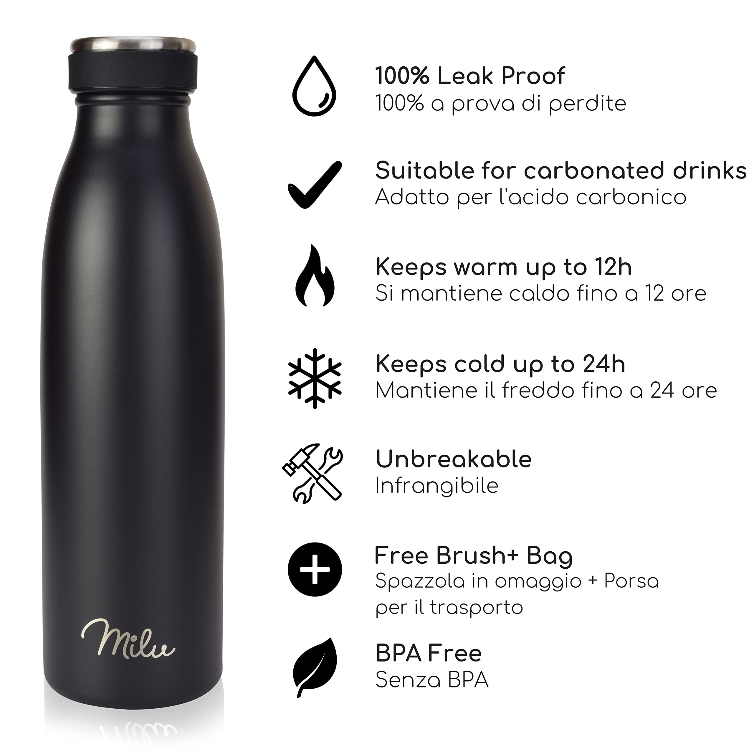 Milu - Thermo in acciaio inox da 350/500/750/1000ml/1,5L borraccia termica, a prova di perdite, a doppia parete, adatta per bevande gassate, con spazzola per la pulizia (Nero, 1L) - 3