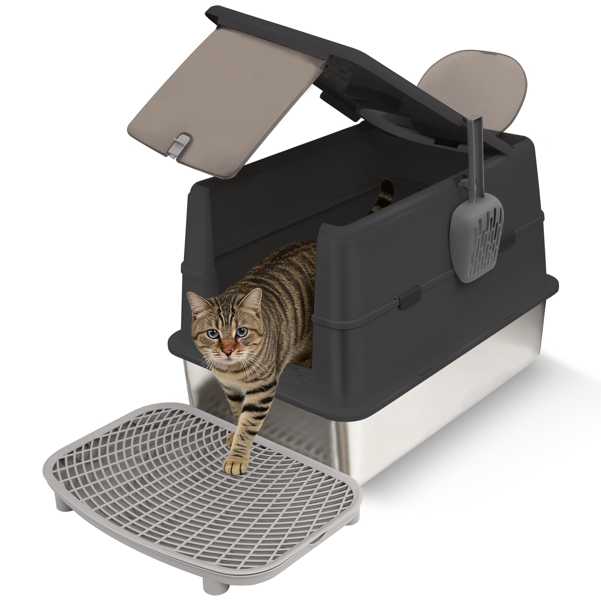 Stainless Steel XXL Cat Litter Box with 120° Lid, Enclosed Top Entry High-Sided Anti-Leak Cat Box, Dog Proof Litter Box for Multiple Cats, Includes Litter Step & Scoop