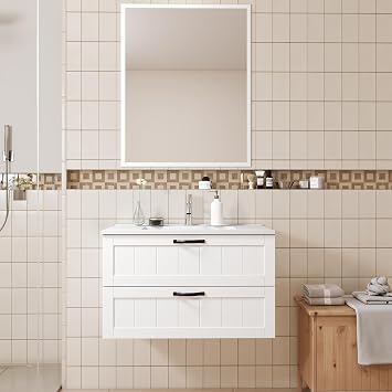 32" Bathroom Vanities Cabinet with Sink&Mirror Combo,Modern Wall Mount Storage Cabinet,Bathroom Vanity with 2 Extra Big Drawers and Decor Line,Soft-Close System,for Bathroom,White