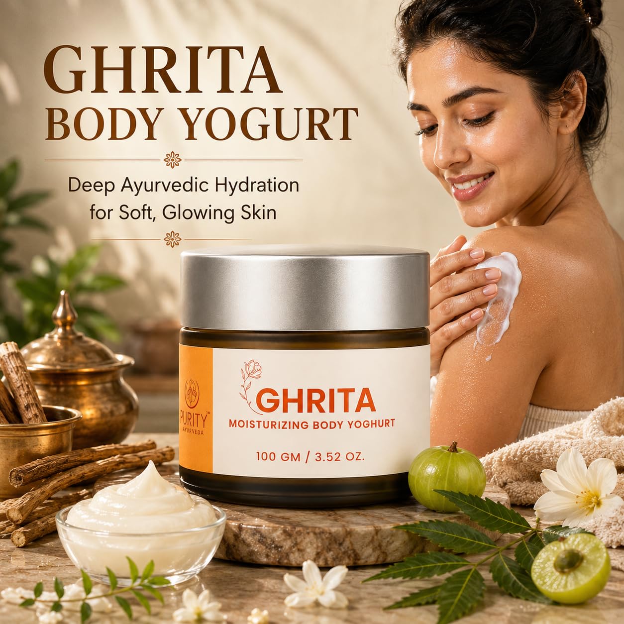 TEFTY Ghrita Moisturizing Body Yogurt | A2 Cow Ghee Kumkumadi Oil Ashwagandha | Deep Hydration Lightweight Non Greasy | Sulfate Paraben Free | 100g 1