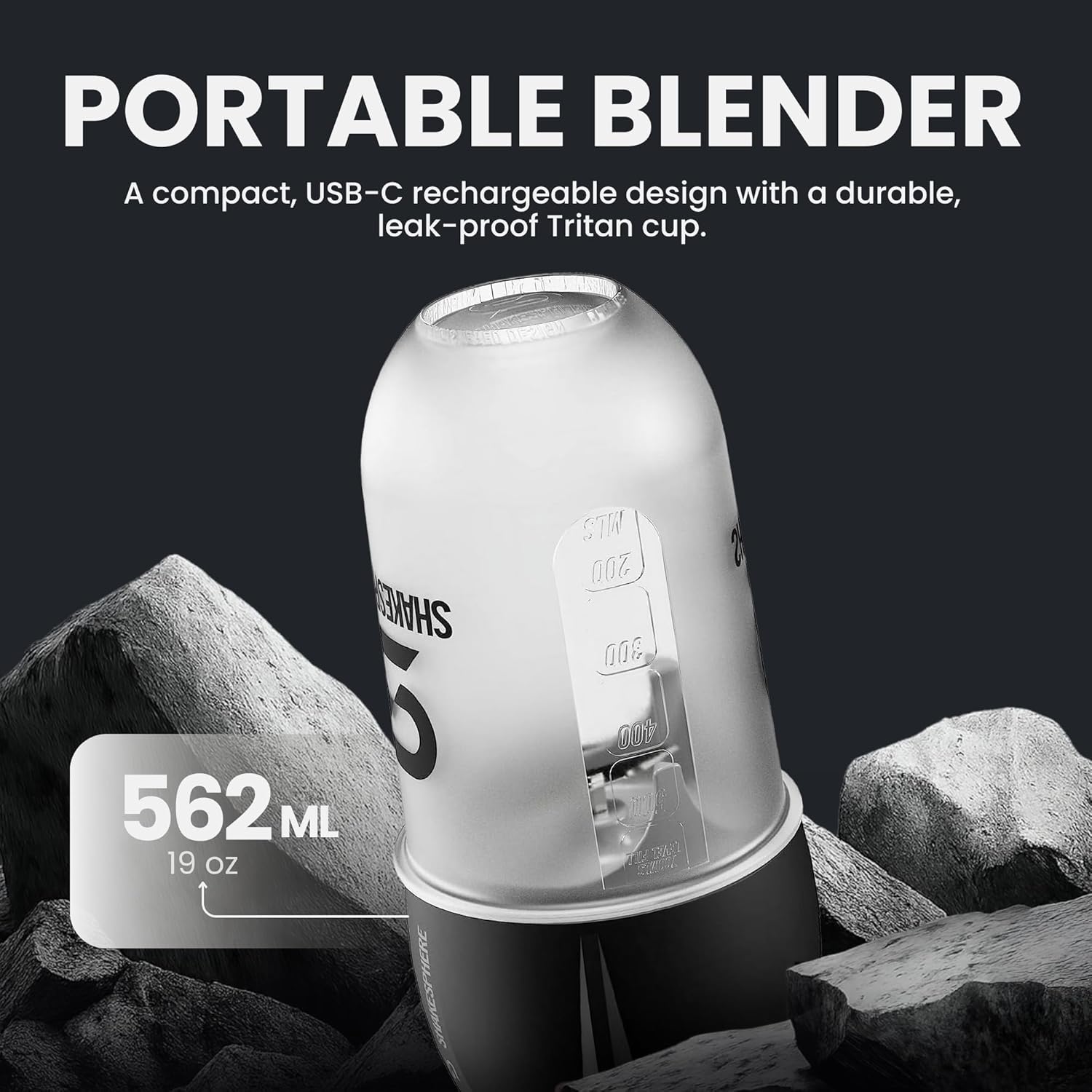 SHAKESPHERE Portable Blender for Shakes and Smoothies – 19oz Electric Personal Blender with Clear Tritan Cup, USB-C Rechargeable, Compact and Powerful for Travel, Gym, and Workout – Black