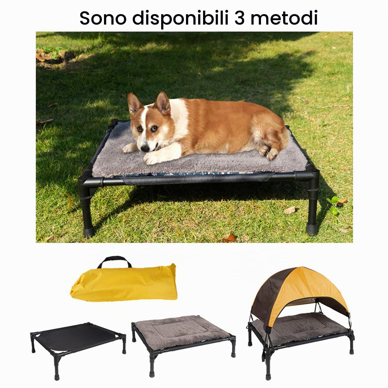 Cuccia Rialzata Per Cani Da Esterno Con Tetto,Lettino Per Cani,Protezione Dal Sole Su Tre Lati Con Piedi Antiscivolo,Include Cuscino e Sacca Di Stoccaggio,Per Campeggio,Giardino,Spiaggia e Piscina