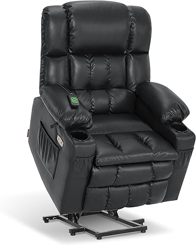 Miniatura 182 de MCombo Silla reclinable eléctrica de doble motor para personas mayores, silla elevadora plana con calor y masaje, portavasos, puertos USB, piel