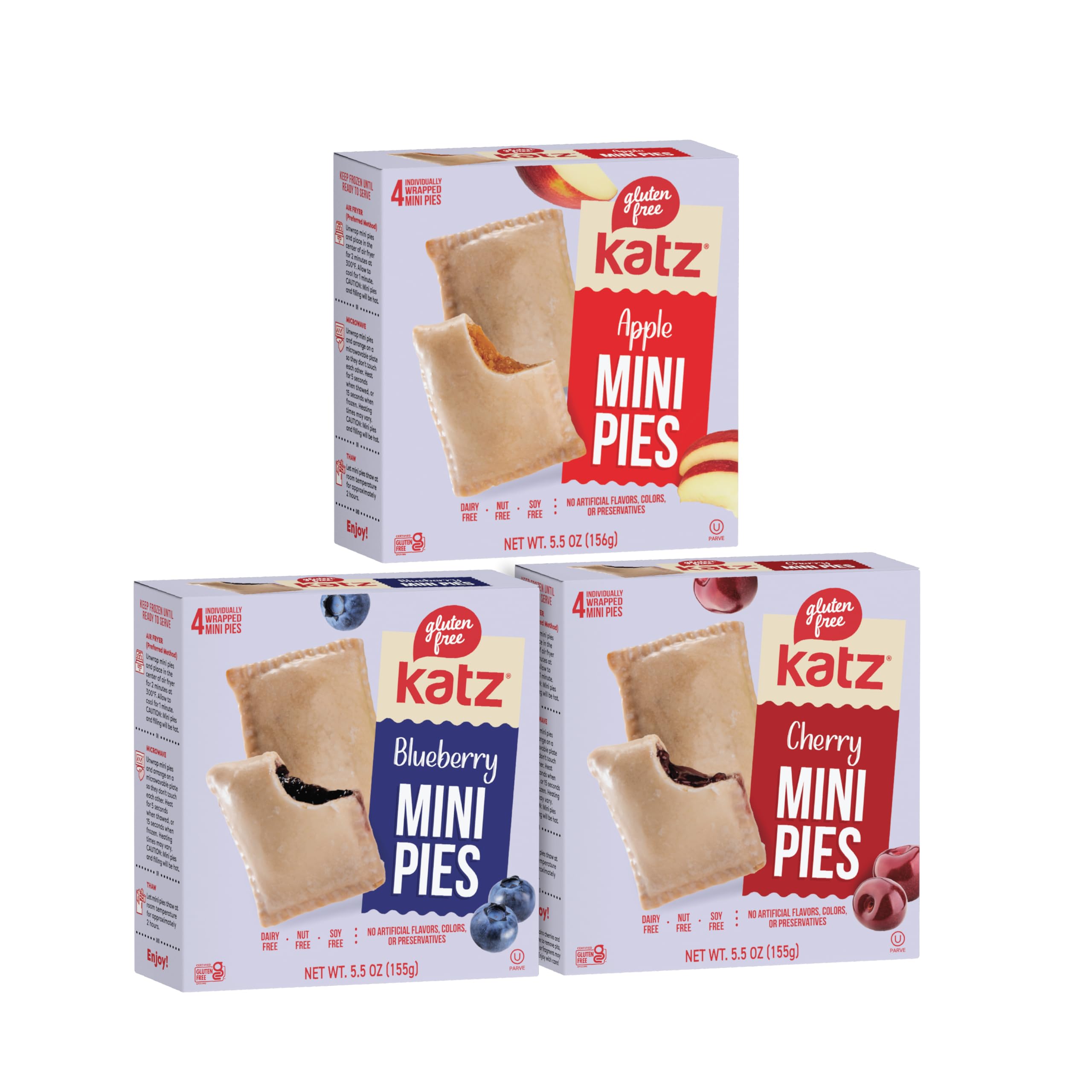 Katz Gluten Free Snacks Mini Pies Variety Pack | Apple, Blueberry, Cherry | Dairy Free, Nut Free, Soy Free, Gluten Free | Kosher (1 Pack of each)