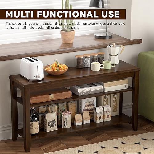 Miniatura 5 de Banco de zapatos de madera de goma, banco de entrada con 3 niveles de altura ajustable, zapatero para puerta delantera, organizador de entrada para