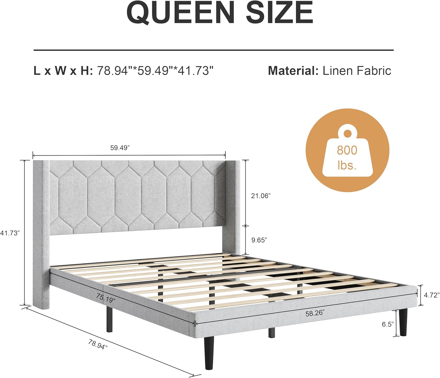 Queen Size Bed Frame with Velvet Upholstered Headboard, Platform Bed Frame No Box Spring Needed, Modern Bedframe with Strong Wooden Slats, Light Gray - Image 2