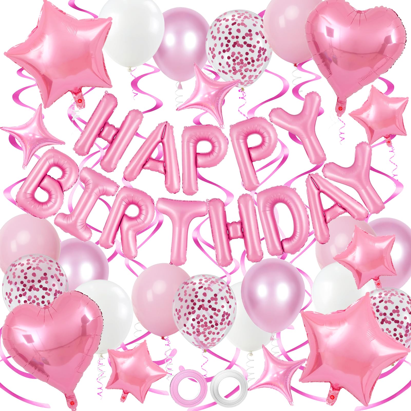 YWWSNSE Pink Birthday Decorations, 3D Foil Pink Happy Birthday Balloon Banner with Star and Heart Balloons, Confetti Balloons, Hanging Swirls, for