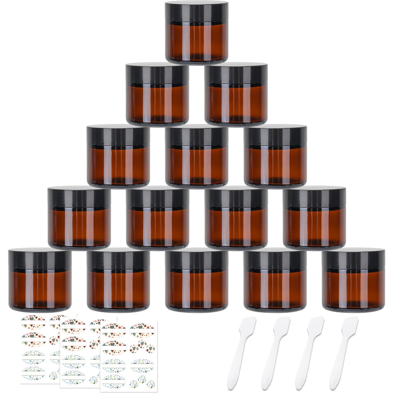 CulnCraz 15 Pack 60 ml Amber Round Glass Jars, 2 oz Empty Cosmetic Containers with Inner Liners