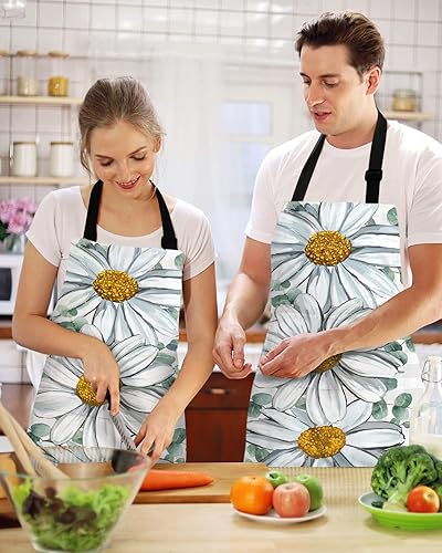 Miniatura 2 de Spring Floral Bib Aprons with Pockets Waterproof, Adjustable Apron for Men Women White Daisy Eucalyptus Leaves Checkered