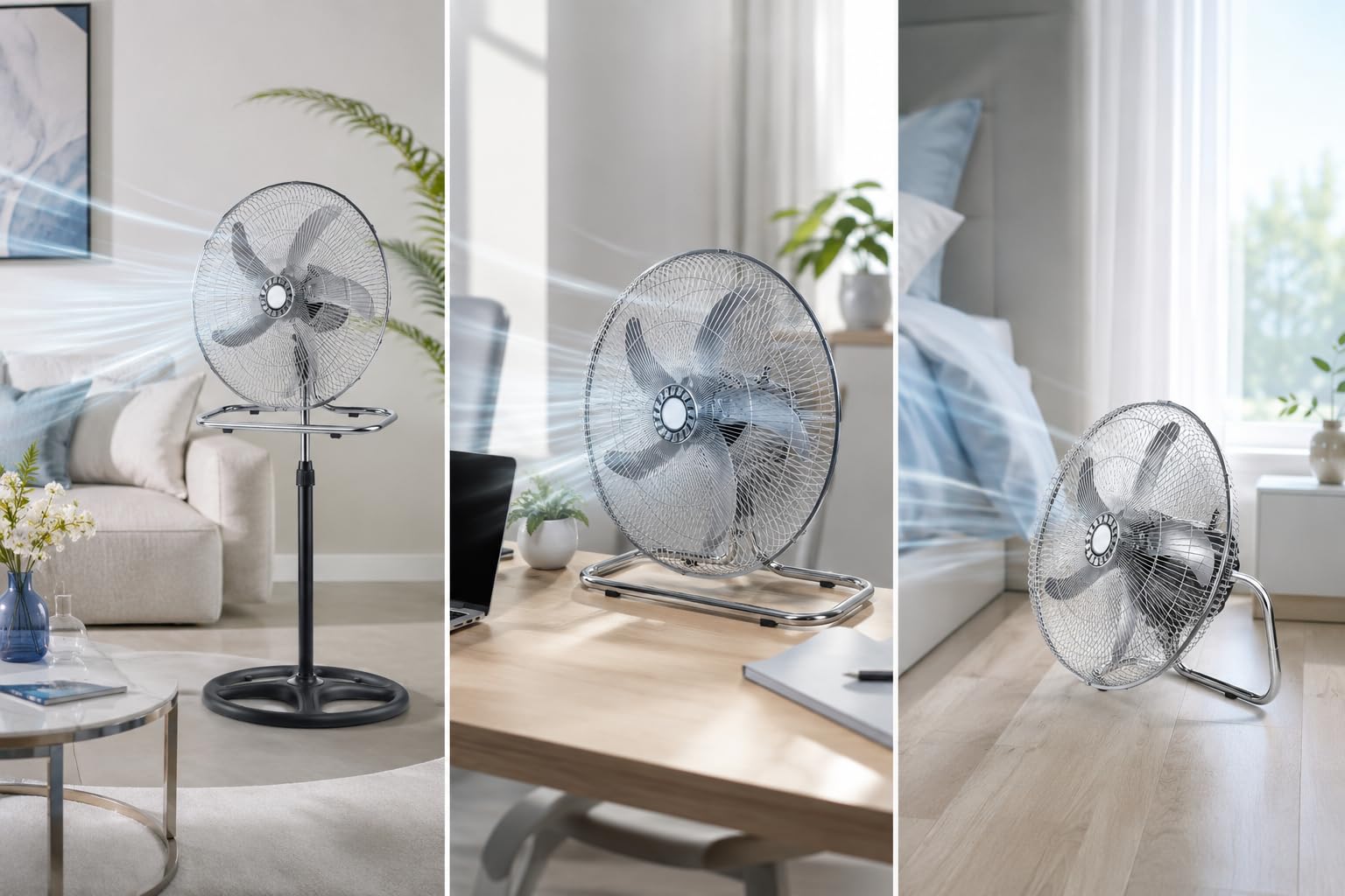 Generico Ventilatore 3 in 1 da Terra e Tavolo Cromato, Ventilatore Oscillante con Piedistallo Regolabile, Ventola Silenziosa ad Alta Potenza, Design Moderno in Metallo per Casa Ufficio Camera