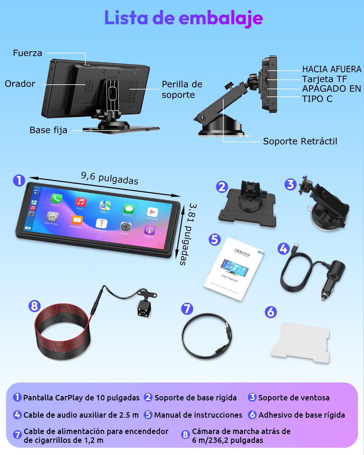 ESSGOO Pantalla Carplay Coche con Cámara Retrovisora,10 Pulgadas Apple Car Play Android Auto Inalámbrico,Pantalla Táctil Portátil Radio Coche con Bluetooth,Airplay,Mirror Link,FM,AUX,Siri,Navegación