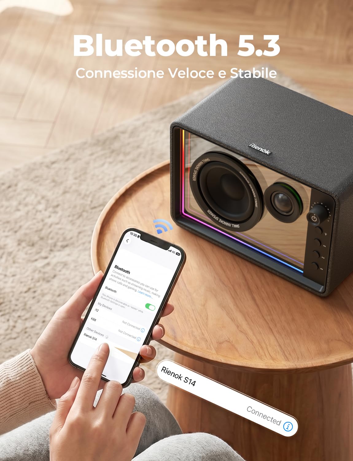 RIENOK Cassa Bluetooth Potente 40W Woofer 90mm Tweeter Seta 30mm, RGB, 15H | Bass-Reflex Posteriore, Vero Stereo Wireless, Ricaricabile, Supporta USB/TF/AUX, per Smartphone/ Casa/ Regalo