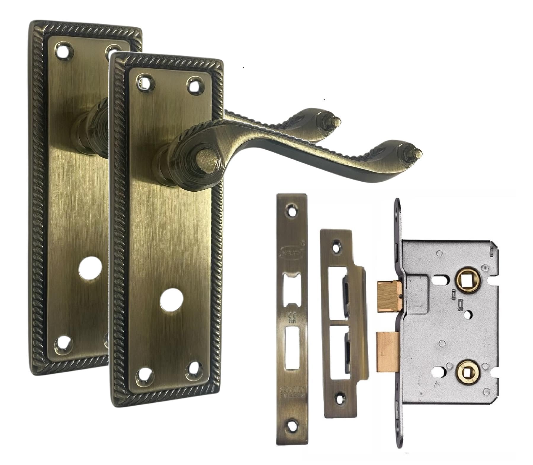 Golden Grace Antique Brass Georgian Bathroom Handle With 2.5" Bathroom Mortise Lock Finish 150Mm X 48Mm