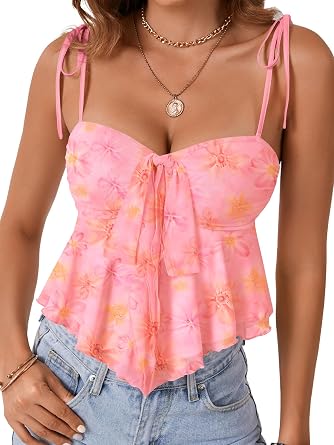 Rooscier Womens Straps Cute Peplum Cami Top | Knotted Front Sleeveless V Neck Sexy Tank Tops