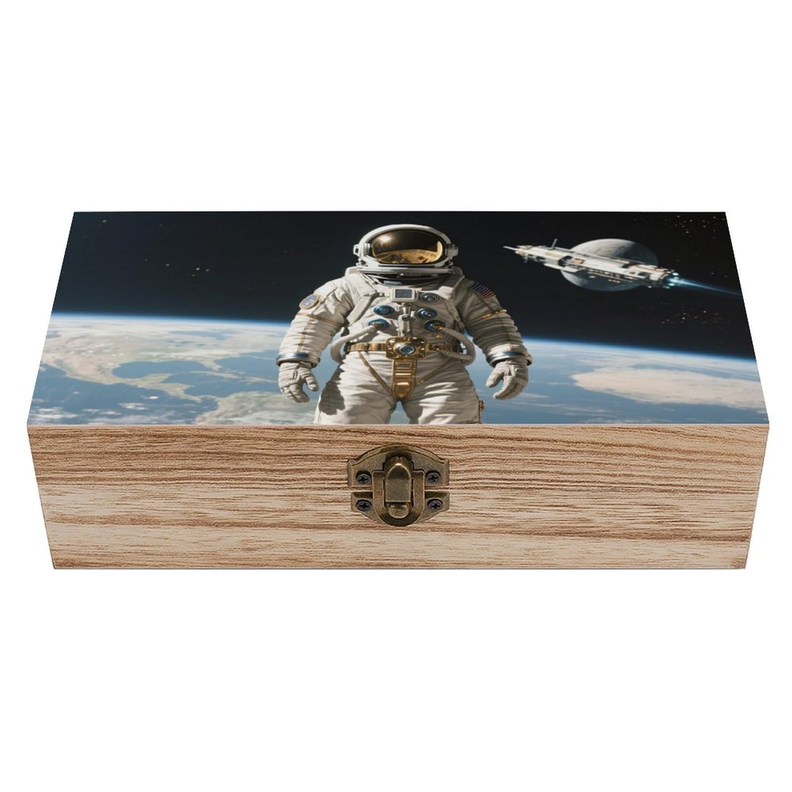 FodPand Decorative Keepsake Box Wooden Storage Boxes with Hinged Lid Handmade Retro Astronaut Wood Organizer Memory Treasure Box for Jewelry Craft Card Photo Storage Wedding Bridal Shower Gifts