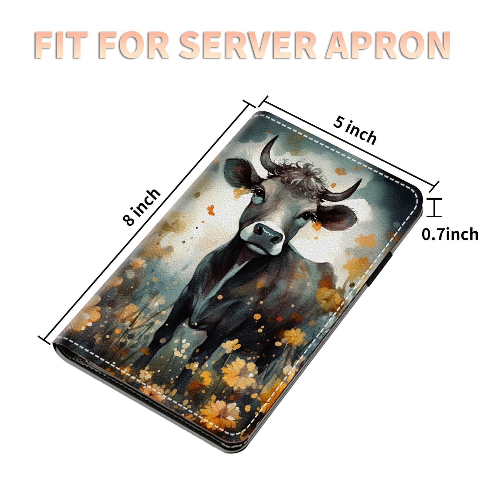 Server Books for Waitress Waiter with Zipper Pocket, Cute Leather Server Pads Waitstaff Organizer Guest Check Presenters Server Wallet Money Holder Pouch Fit Apron (Cattle Sunflower)