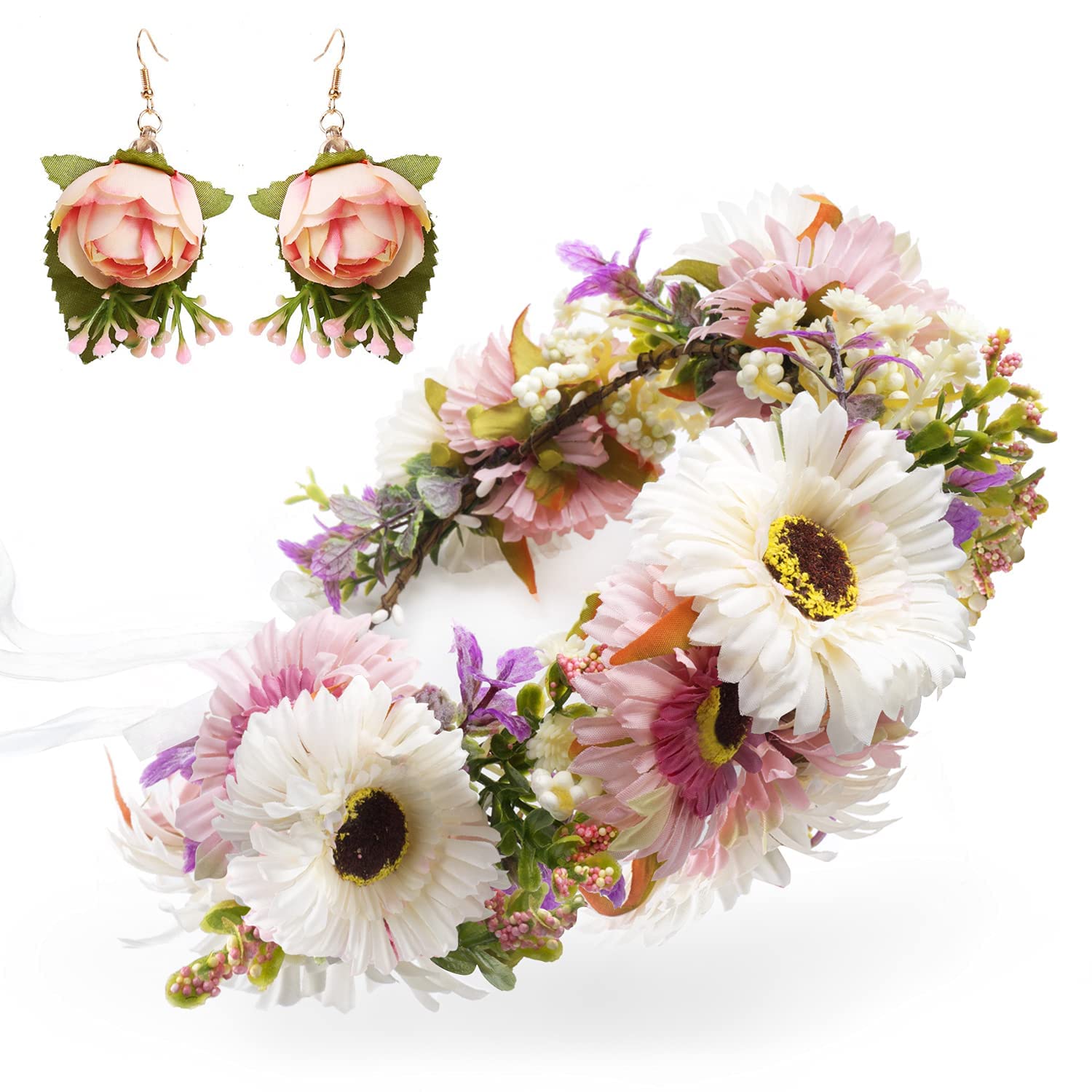 ExceforeFlower Crown Women Flowers Headband with Earrings Set, Artificial Wreath Floral Crown with Adjustable Ribbon Flower Headpiece Wedding Party Festivals Photo Props Pink