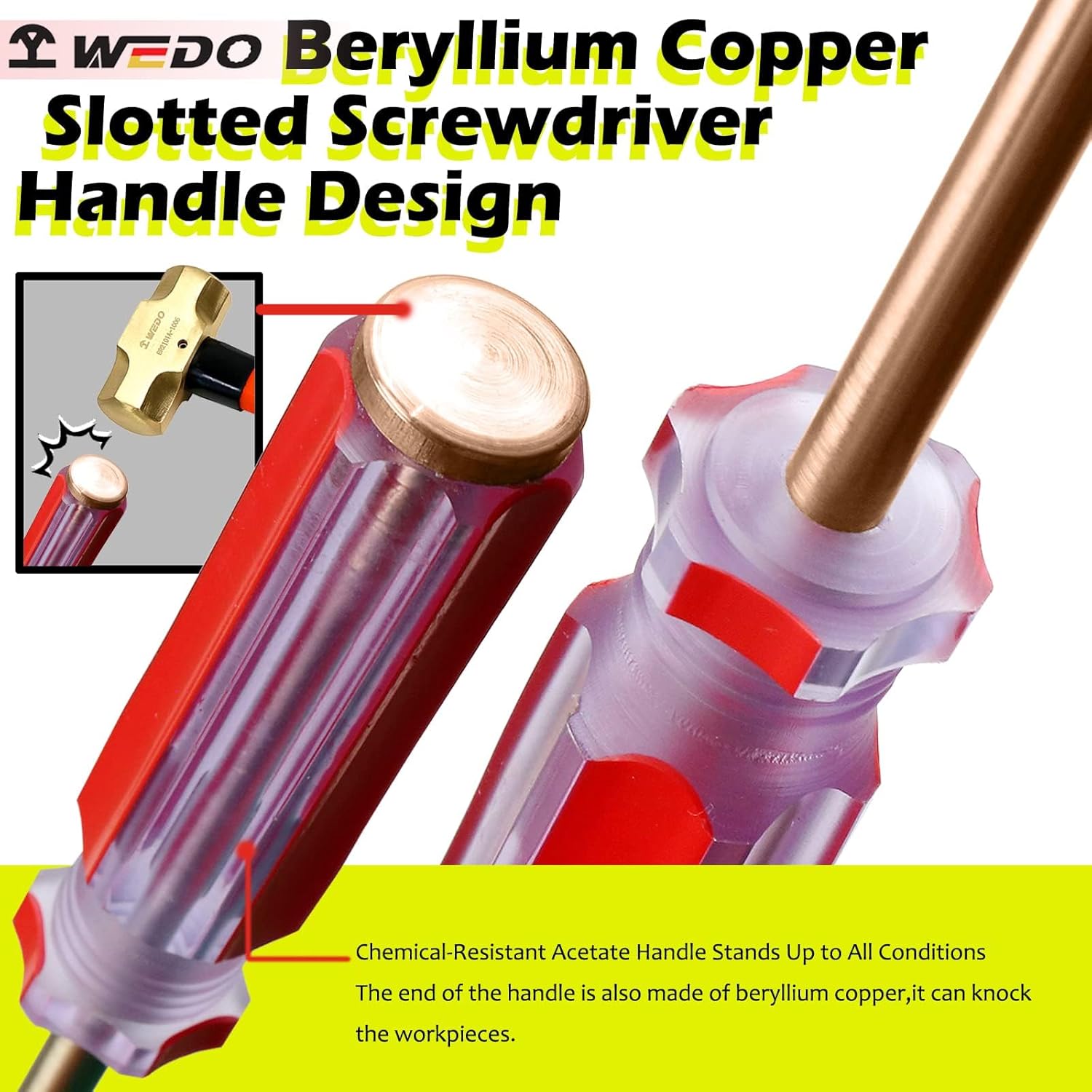 WEDO 3PCS Screwdriver Set,Strike Cap Flat Head,Non-Sparking Slotted Screwdriver Set,Beryllium Copper,Non-Magnetic,Tip 3,3,4mm,Ergonomic Handle,Die-forged,BAM & FM Certificate,DIN Standard