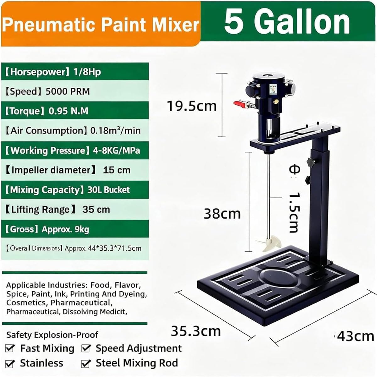 Miscelatore pneumatico per vernice, agitatore d'aria da 5 galloni, 1/8 HP, 5000 giri/min, supporto di sollevamento manuale, capacità 30 l, per vernice, colla, inchiostro, tamburo olio, pressione di