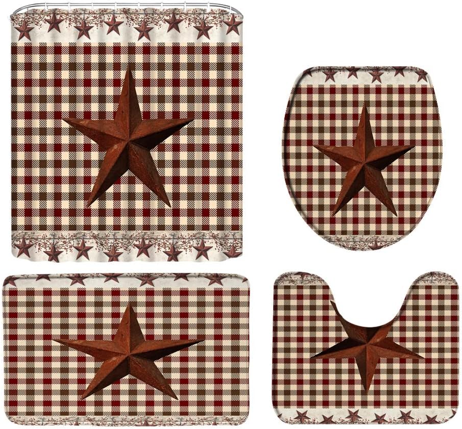 4pcs Texas Star Brown Shower Curtain Set with Rug Western Rustic Farmhouse Red Beige Buffalo Check Plaid Berry Primitive Country Bathroom Set with Hooks(Bath Mat,U Shape and Toilet Lid Cover Mat)
