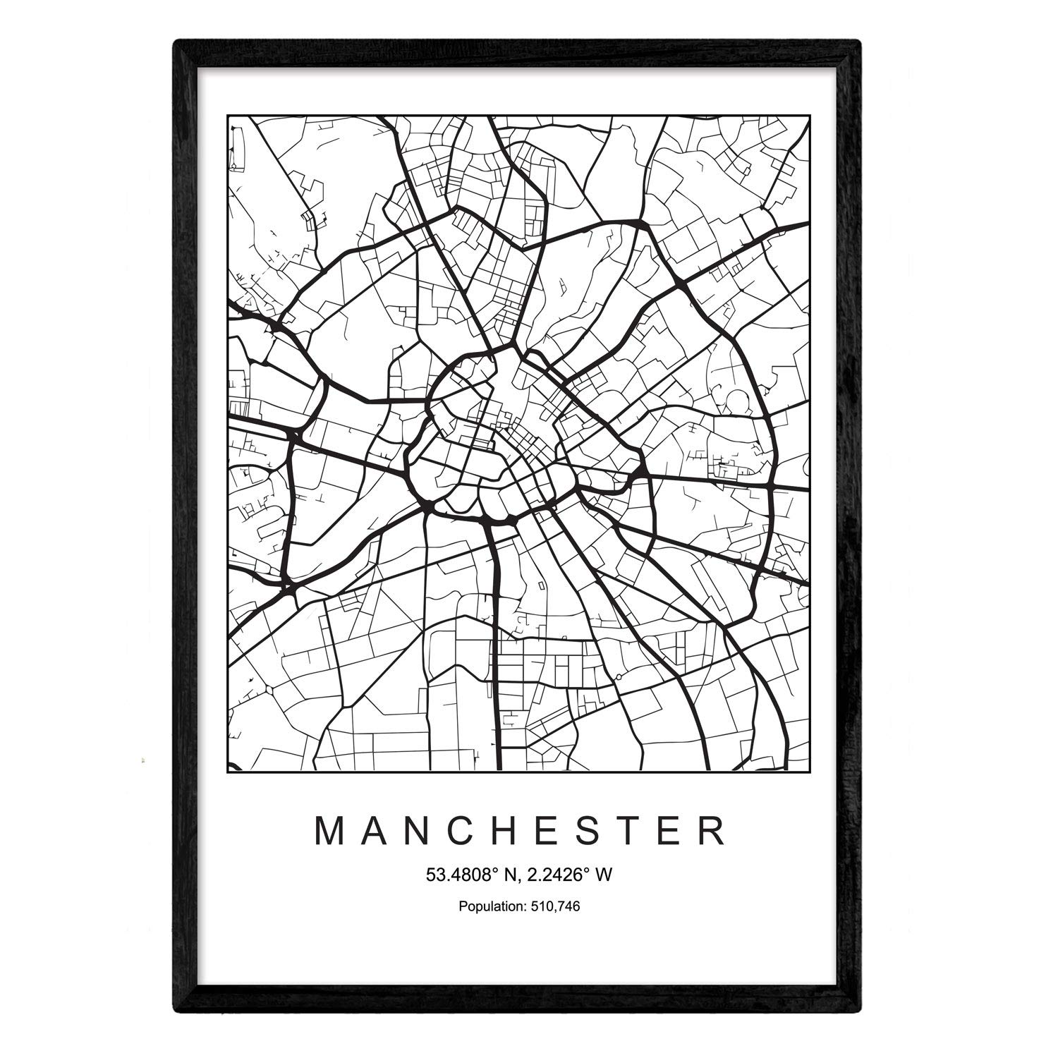 Blade Manchester City Map Nordic style black and white. Poster A4 Printed paper No 250 gr. Paintings, prints and posters for living room and bedroom