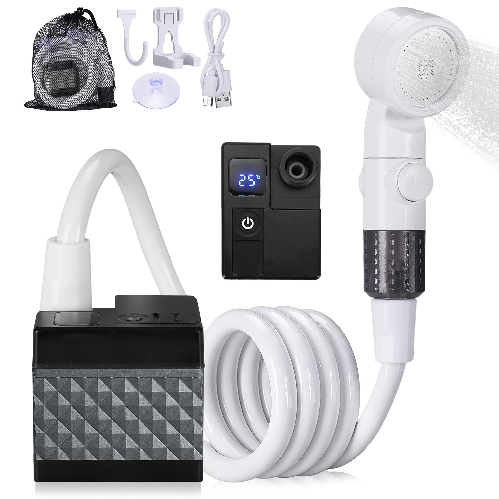 Campingdusche Akku 7500mAh, Tragbare Outdoor Dusche mit Wiederaufladbarer Pumpe | Duschkopf und 2m Schlauch, Mobile Dusche für Camping, Wohnmobil, Garten und Haustiere