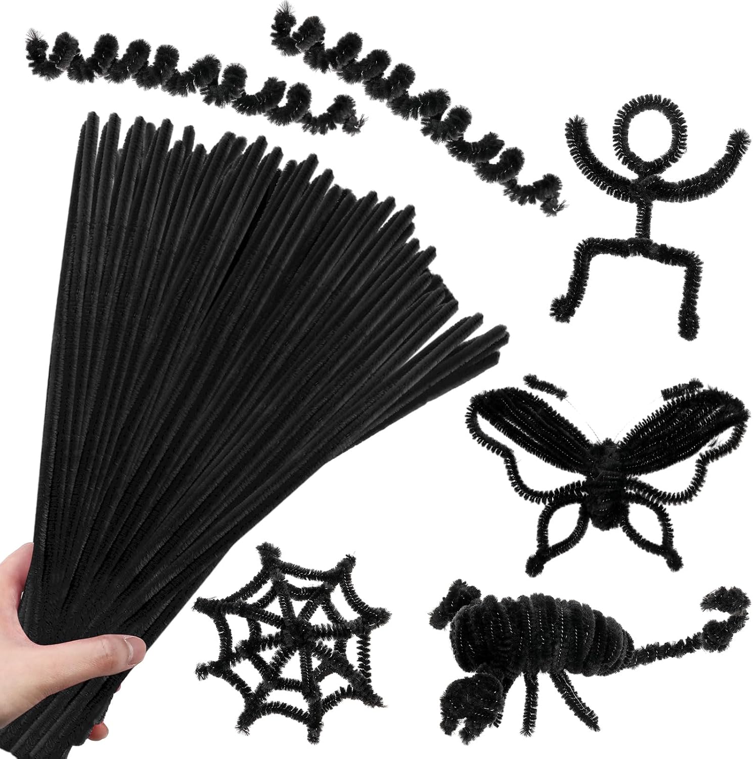 RoundFunny 400 Pcs 24 Inch Extra Long Black Pipe Cleaners Chenille Stem Thick Fluffy Pipe Cleaners Craft Supplies for Halloween Arts Crafts Decorations Hair DIY Handcraft Project