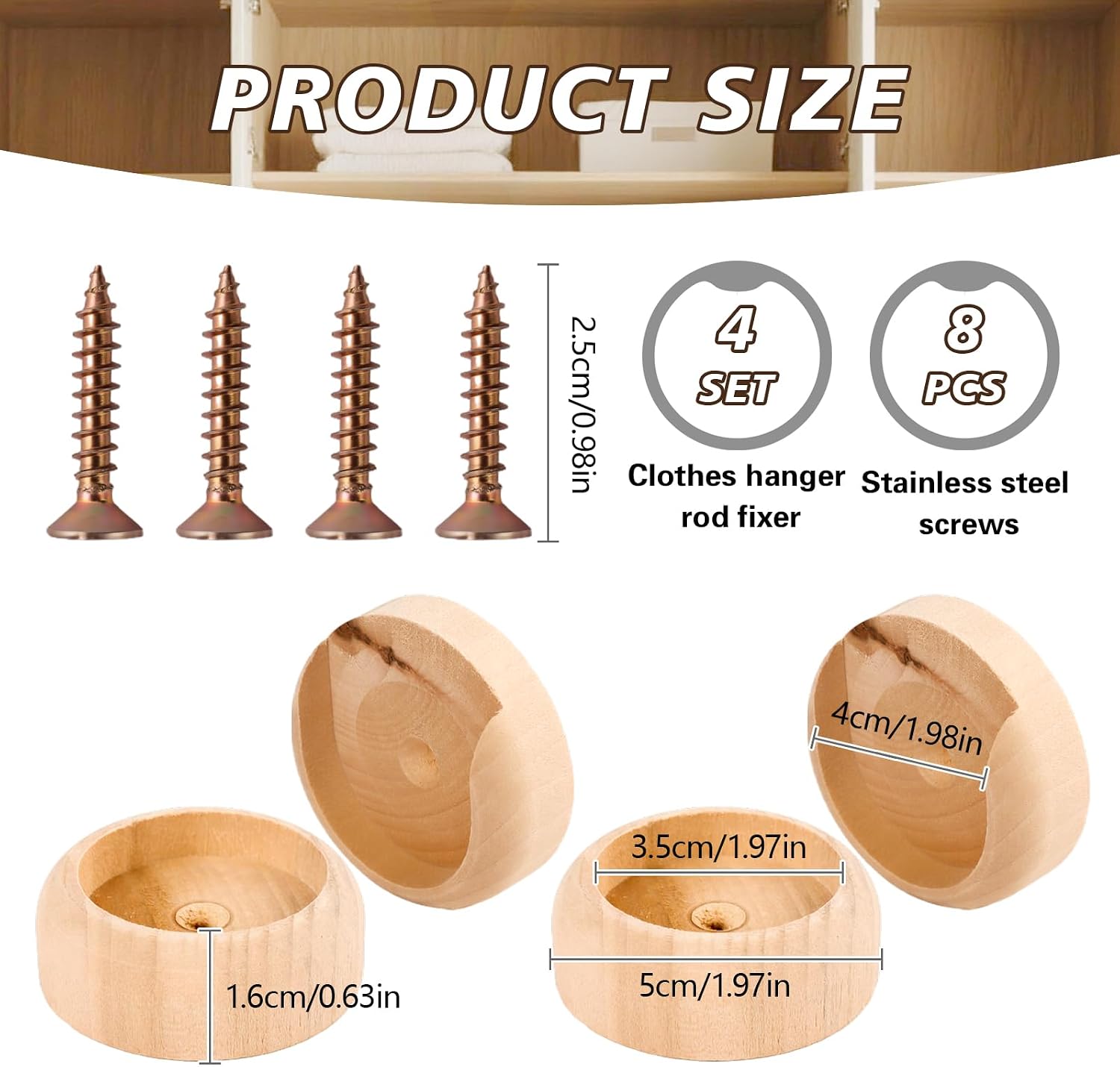 4 Pack Heavy Duty Wooden Closet Rod Holders, 1.38" Closet Pole Sockets - Solid Wood Wardrobe Rod Brackets for Clothing Storage, Hallway, Bathroom, Curtain & Clothing Store Installation